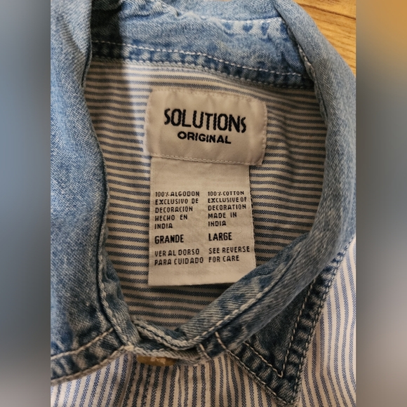 VINTAGE 80's Solutions Embroidered Barn Farm Striped DENIM SHIRT Women's L - Picture 4 of 6